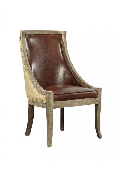 Brown Leather Oak & Burlap Dining Accent Chair Set of 2