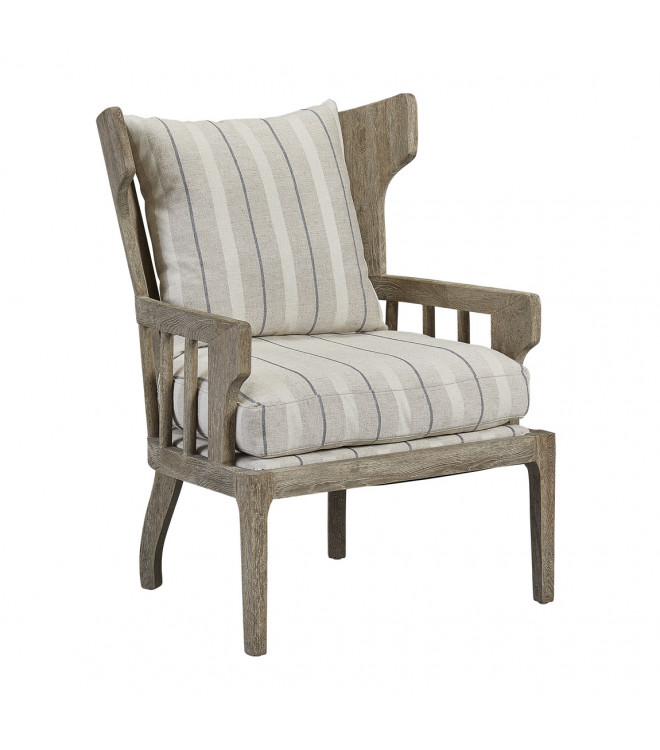 Winged Slatted Back Solid Pine Wood & Striped Cushion Accent Chair