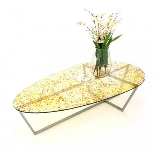 Yellow Colored Spotted Glass Table Top Stainless Steel Legs