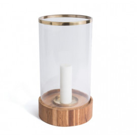 Tall Circular Wood Base Glass & Brass Hurricane Candle Holder