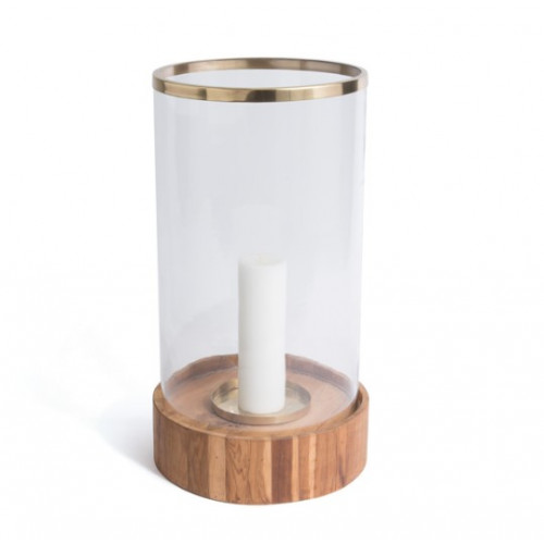Tall Circular Wood Base Glass & Brass Hurricane Candle Holder