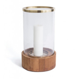 Circular Wood Base Glass & Brass Hurricane Candle Holder