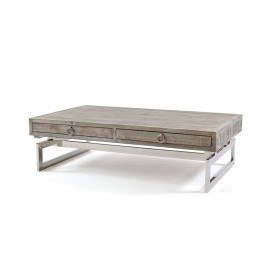 Distressed Wood and Polished Metal Coffee Table