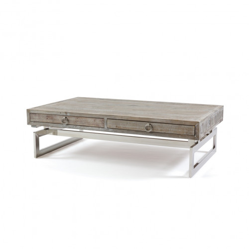 Distressed Wood and Polished Metal Coffee Table