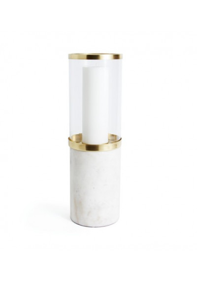 Circular White Marble Base Glass & Brass Rim Hurricane Candle Holder