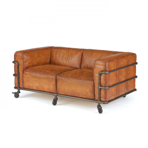 Industrial Iron Pipe & Leather Sofa Loveseat