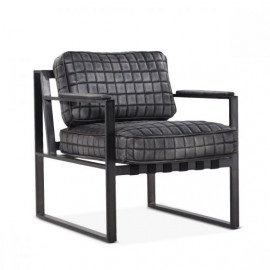 Worn Faded Black Textured Leather Square Frame Accent Chair