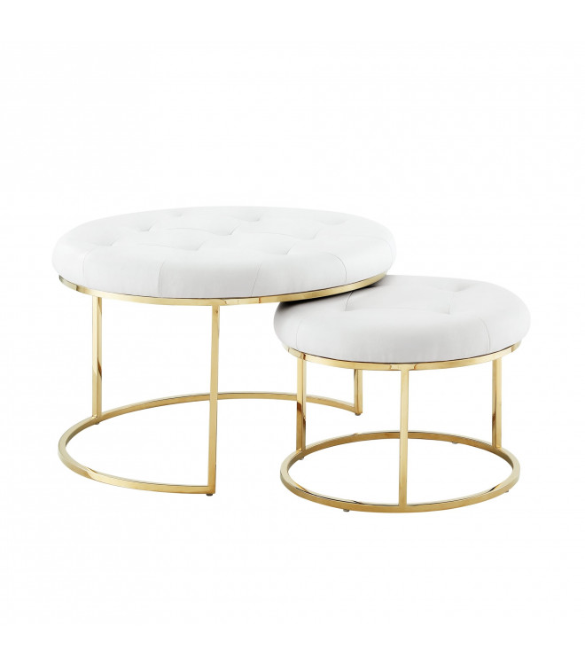 White Faux Leather Round Tufted 2 Pc, Round Tufted Leather Ottoman Coffee Table