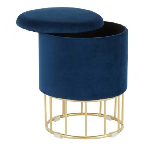 Round Blue Velvet Gold Cage Base Storage Ottoman Footstool Seat