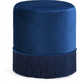 Blue Fringed Round Velvet Ottoman Footstool 