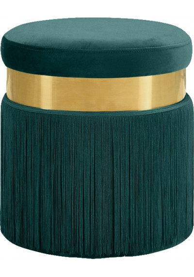 Green Long Fringed Round Velvet Ottoman Footstool 
