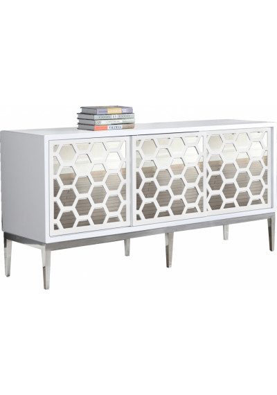 White Lacquer & Mirror Honeycomb Design Silver Base Buffet Sideboard
