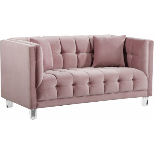 Blush Pink Velvet Channel Button Tufted Loveseat Sofa Acrylic Legs