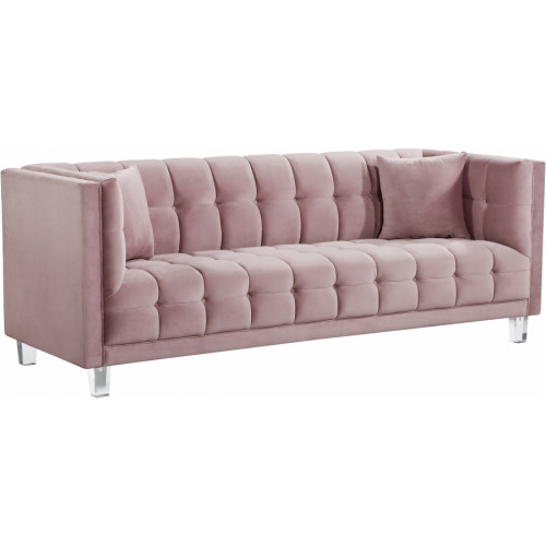 Blush Pink Velvet Channel Button Tufted Sofa Acrylic Legs