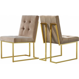 Beige Velvet Modern Boxy Geometric Dining Chair Gold Legs Set of 2