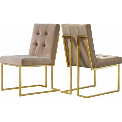 Beige Velvet Modern Boxy Geometric Dining Chair Gold Legs Set of 2