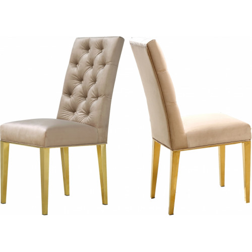 Beige Velvet Tufted Dining Chair Gold Legs Set of 2