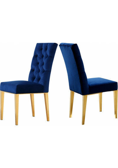 Blue Velvet Tufted Dining Chair Gold Legs Set of 2