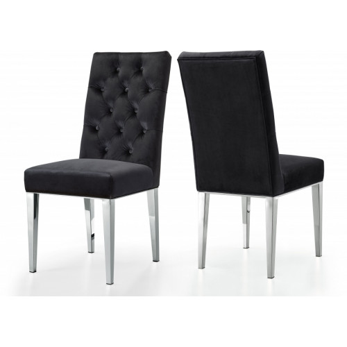 Black Velvet Tufted Dining Chair Silver Legs Set of 2
