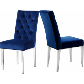 Blue Velvet Tufted Dining Chair Silver Legs Set of 2