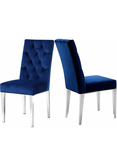 Blue Velvet Tufted Dining Chair Silver Legs Set of 2