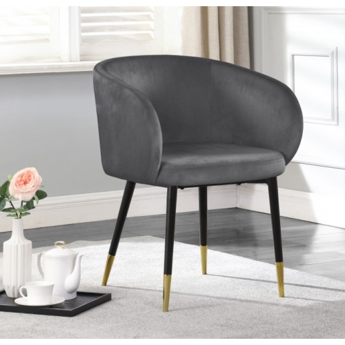 Modish Curved Back Grey Velvet Black Legs Dining Accent Chair 