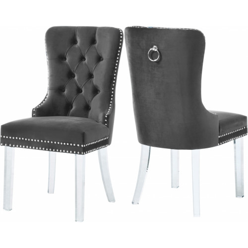 Acrylic Leg Grey Velvet Tufted Dining Chair Set of 2