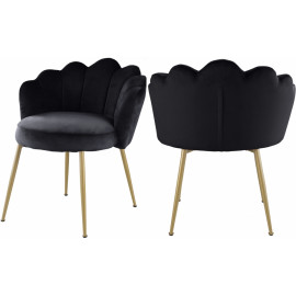 Black Velvet Flower Petal Back Accent Dining Chair Gold Legs Set of 2