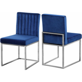 Blue Velvet Accent Armless Dining Chair Silver Channel Tufting Set of 2