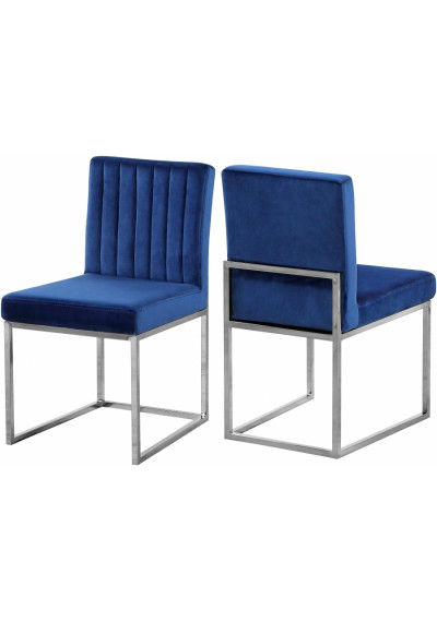 Blue Velvet Accent Armless Dining Chair Silver Channel Tufting Set of 2