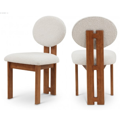 Brown Wood and Cream Boucle Fabric Contemporary Dining Chair Set 2