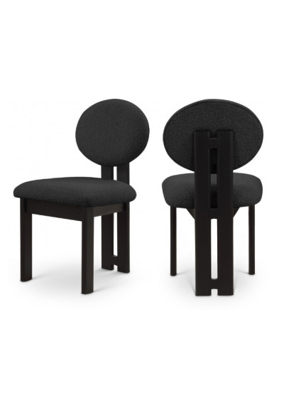 Black Wood and Black Boucle Fabric Contemporary Dining Chair Set 2