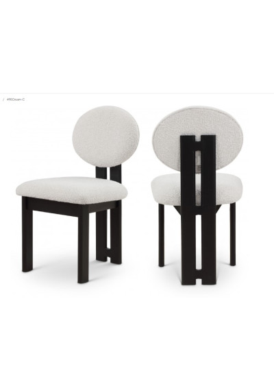 Black Wood and Cream Boucle Fabric Contemporary Dining Chair Set 2