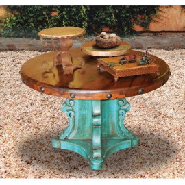 Designer Carved Turquoise Base Hammered Copper Top Dining Table