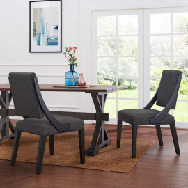 Dark Grey Fabric Dark Wood Sloped Side Arm Dining Chairs Set of 2