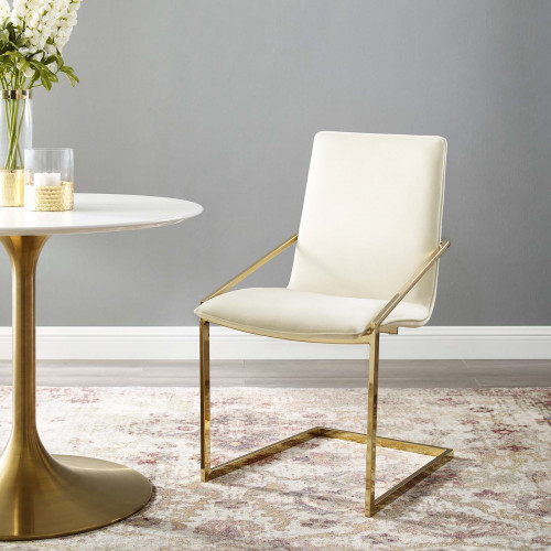 Ivory Velvet Gold Base Sleek Angular Accent Dining Chair
