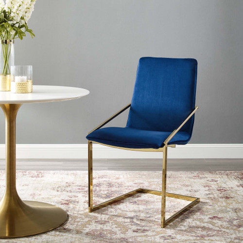 Blue Velvet Gold Base Sleek Angular Accent Dining Chair