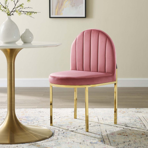 Pink Blush Rose Velvet Channel Tufted Gold Body Accent Dining Chair