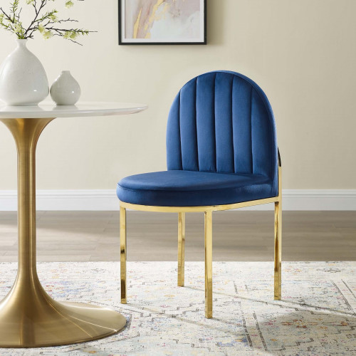 Blue Velvet Channel Tufted Gold Body Accent Dining Chair