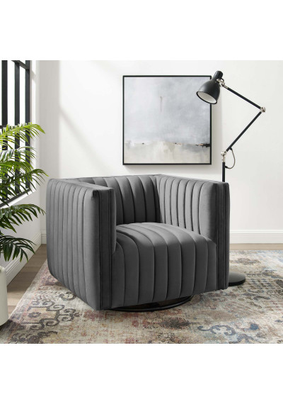 Grey Velvet Vertical Channel Tufted Swivel Chair