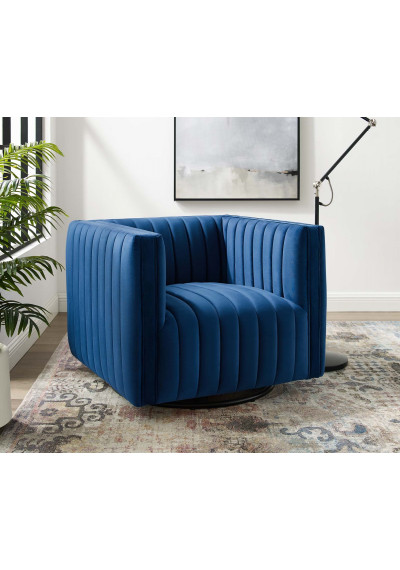 Blue Velvet Vertical Channel Tufted Swivel Chair