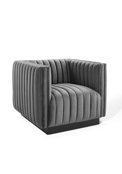 Grey Velvet Vertical Channel Tufted Square Chair