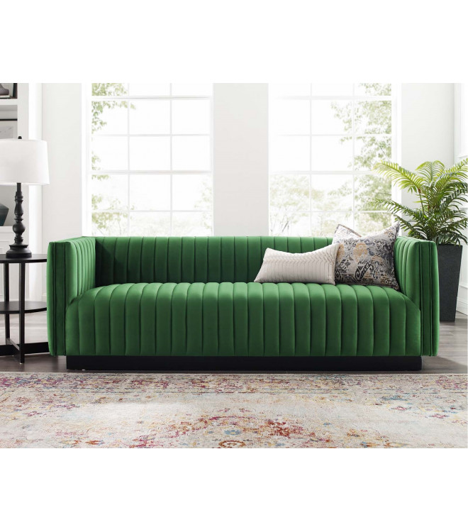 Green Emerald Velvet Vertical Channel, Green Tufted Sofa