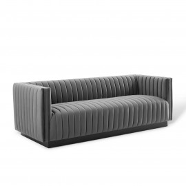 Grey Velvet Vertical Channel Tufted Sofa 