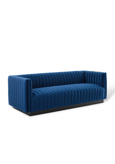 Blue Velvet Vertical Channel Tufted Sofa 