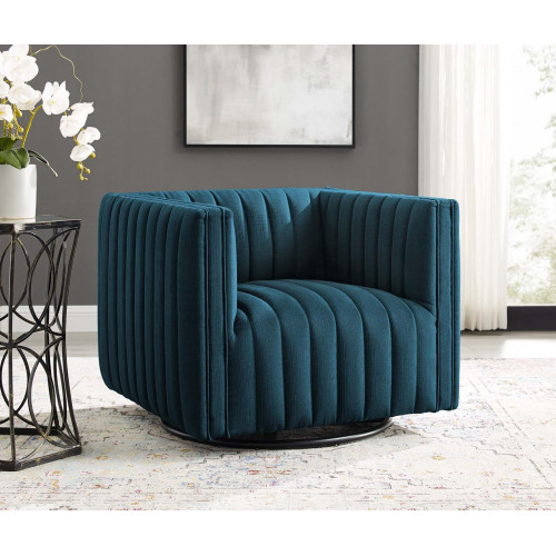 Blue Fabric Vertical Channel Tufted Swivel Chair