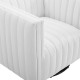 White Fabric Vertical Channel Tufted Swivel Chair