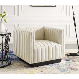 Beige Fabric Vertical Channel Tufted Square Chair