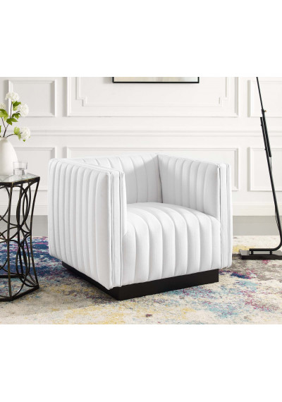 White Fabric Vertical Channel Tufted Square Chair