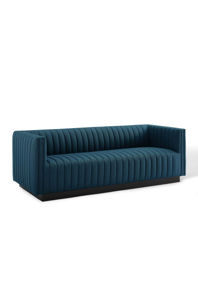 Blue Fabric Vertical Channel Tufted Sofa 